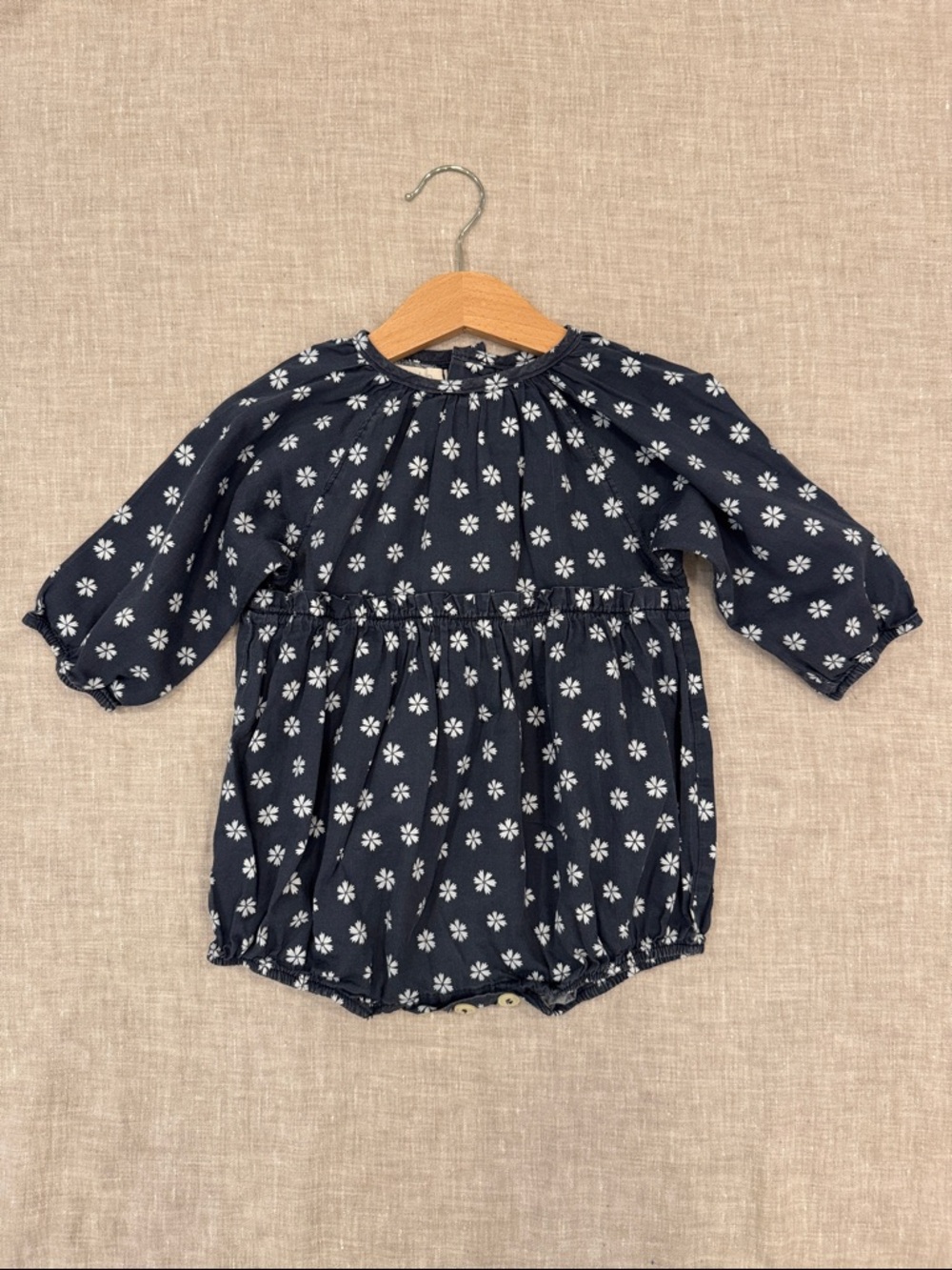 Mabo Baby Girl 18 Months Organic Navy Floral Bubble Romper with Long Sleeves